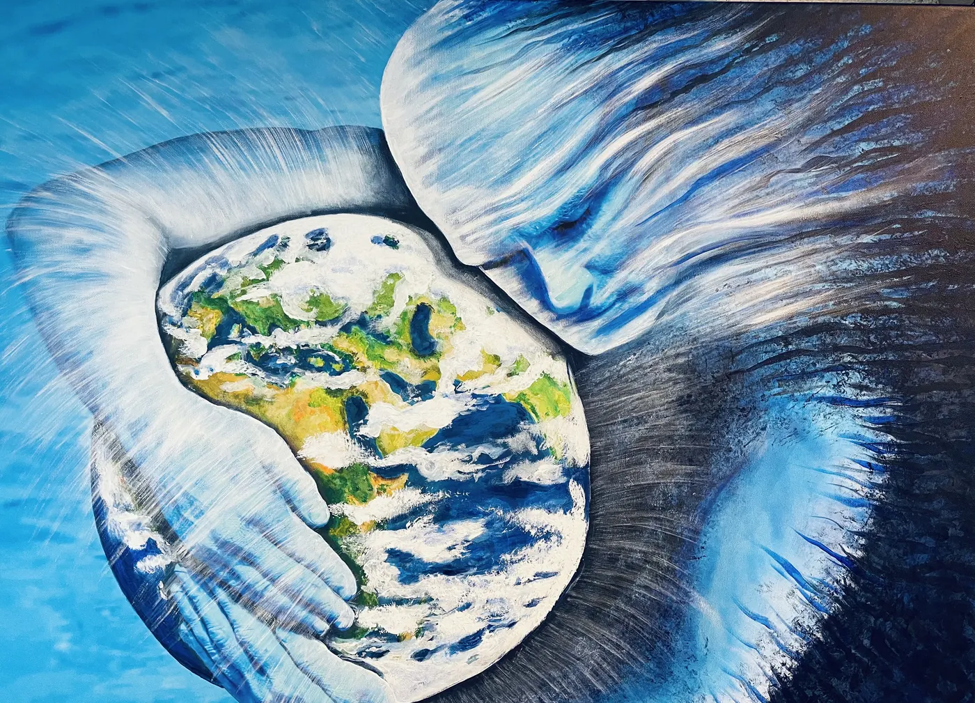 schilderij van handen die de wereldbol vasthouden